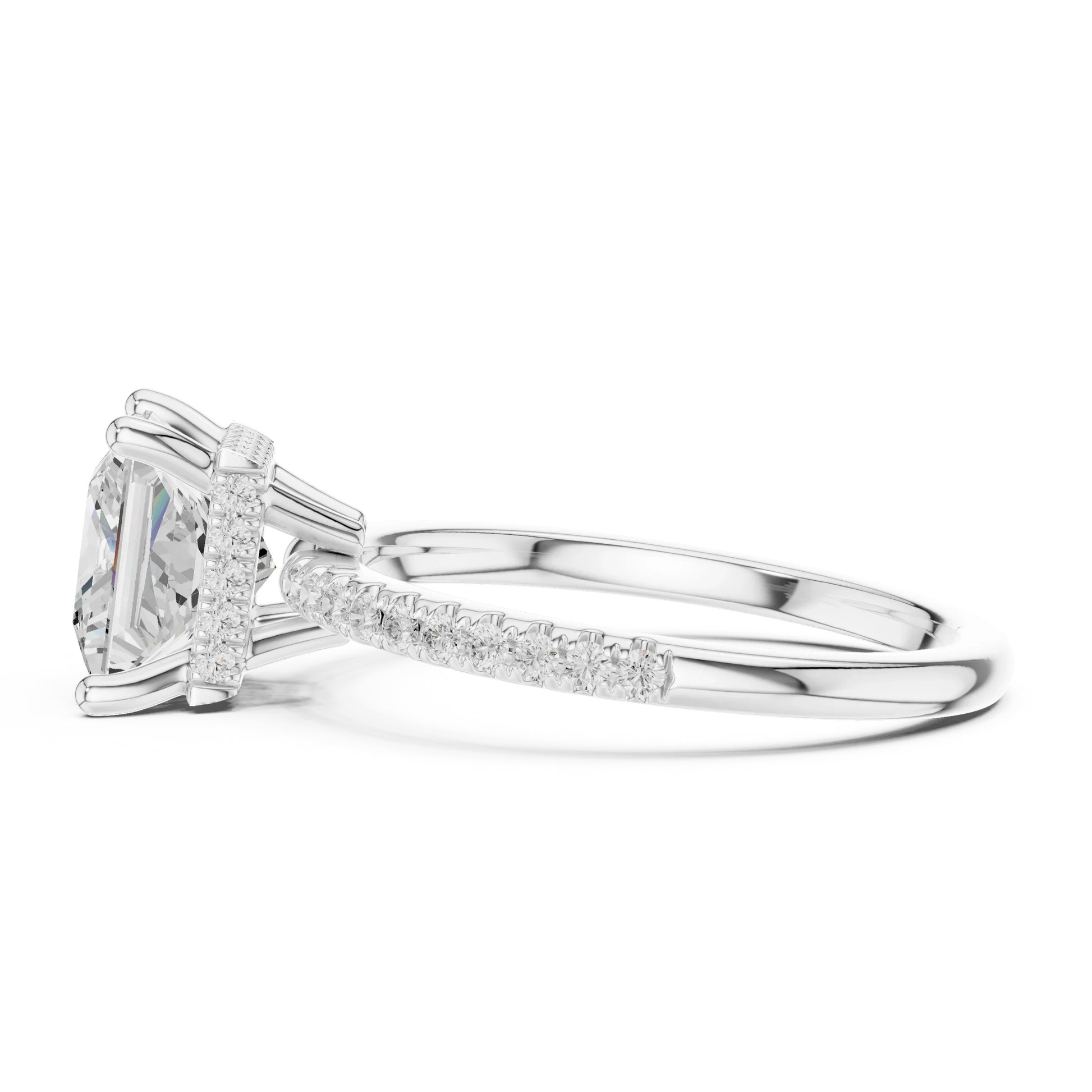 Side view of white gold princess solitaire ring with thin pave band and lab-grown diamond – Australia