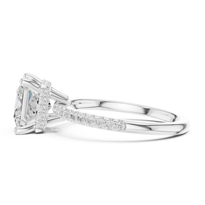 Side view of white gold princess solitaire ring with thin pave band and lab-grown diamond – Australia