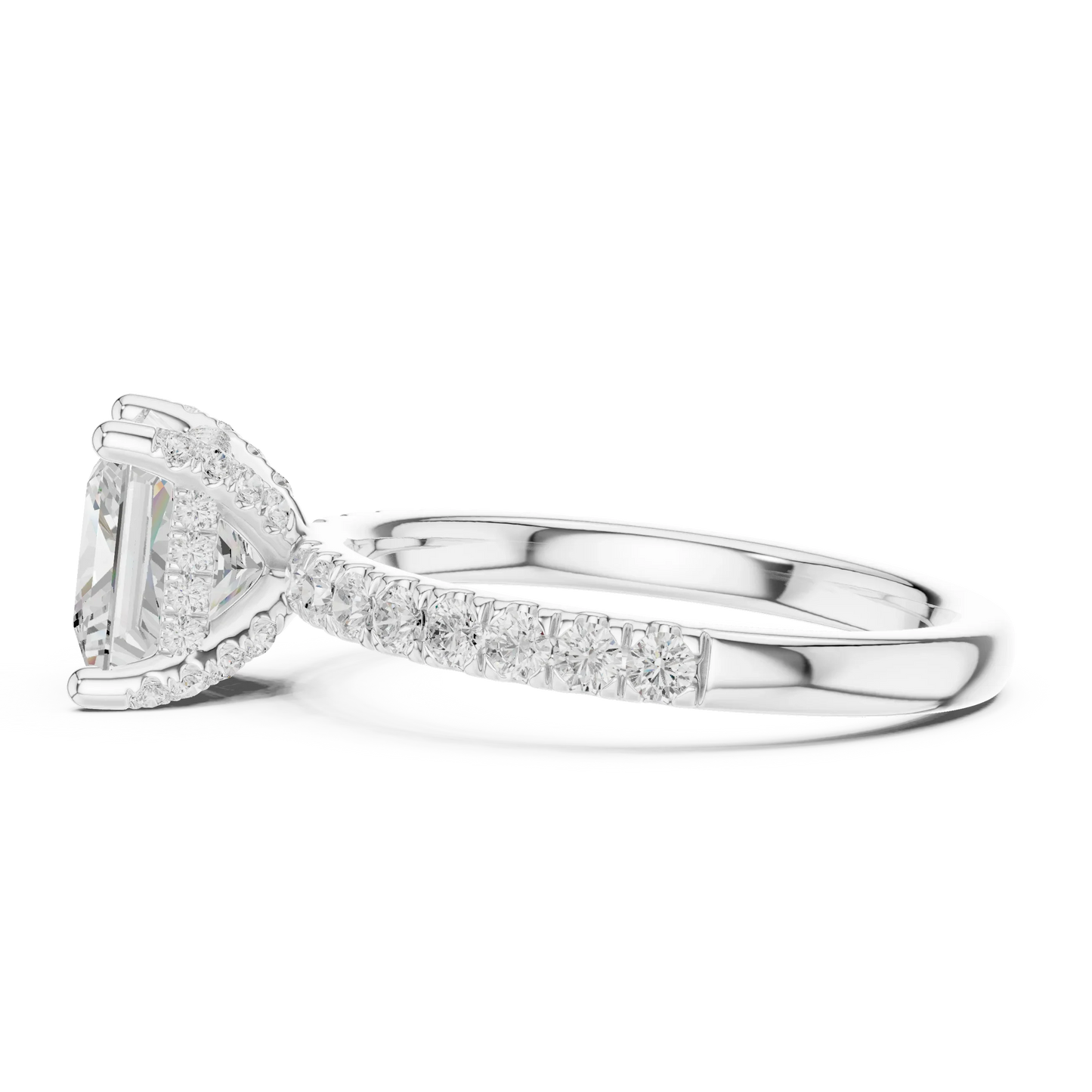 Side view of white gold princess solitaire ring with thin pave band and lab-grown diamond – Australia