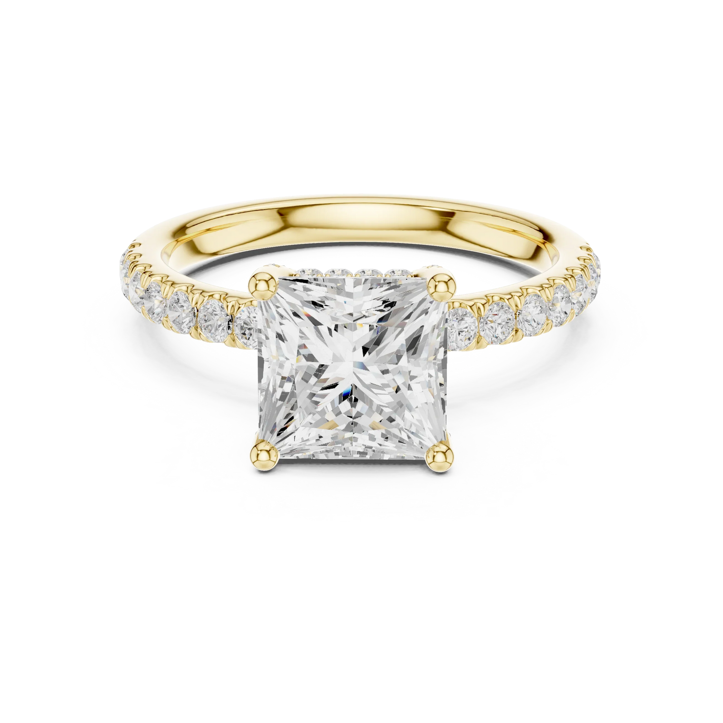 Princess solitaire ring in yellow gold with thin pave band and lab-grown diamond – Australia