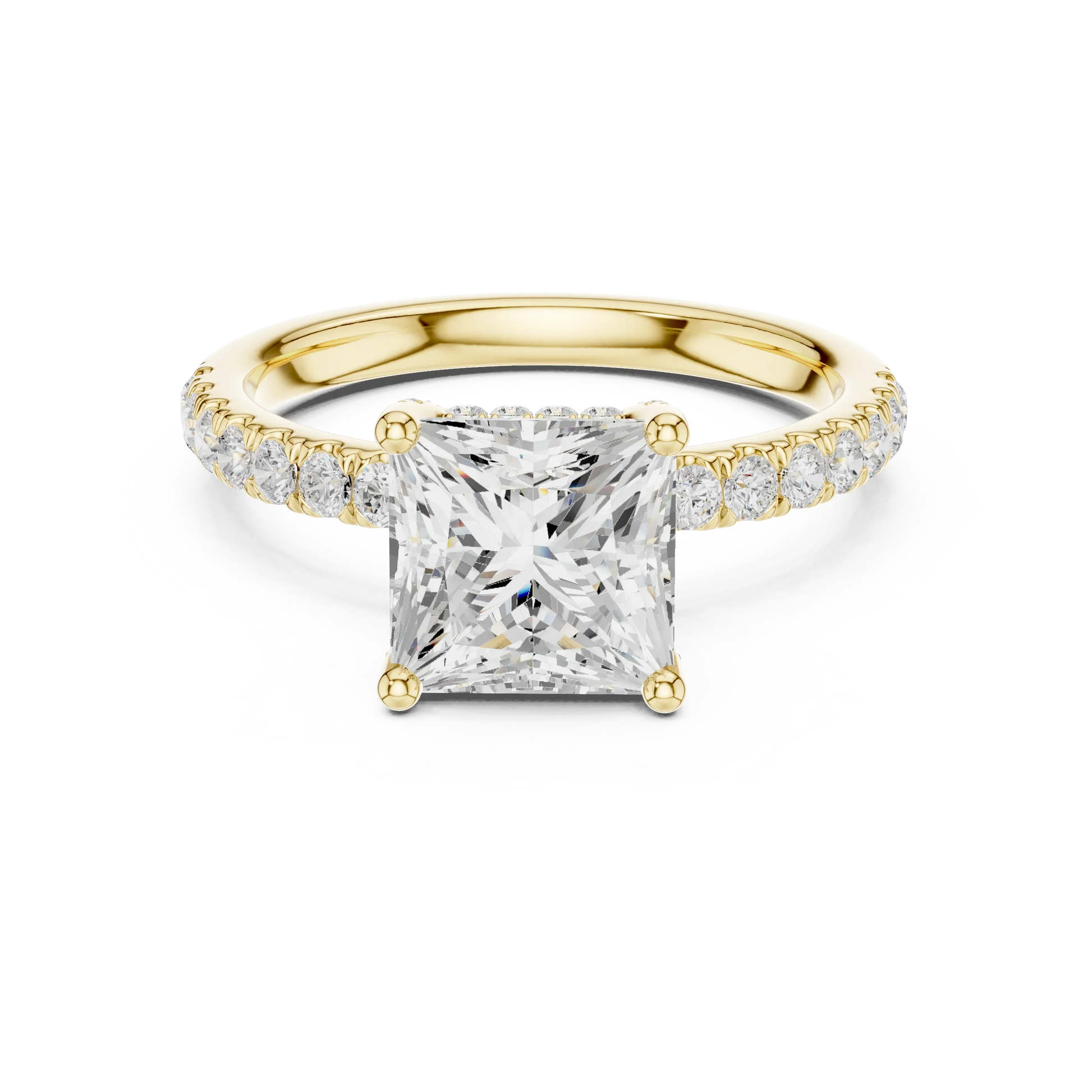 Princess solitaire ring in yellow gold with thin pave band and lab-grown diamond – Australia