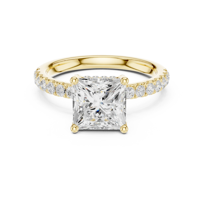 Princess solitaire ring in yellow gold with thin pave band and lab-grown diamond – Australia