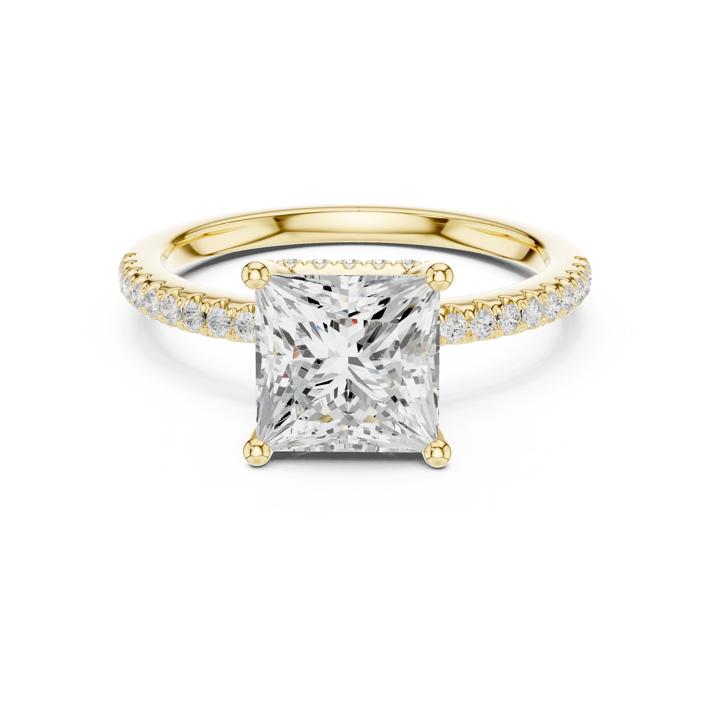 Princess solitaire ring in yellow gold with thin pave band and lab-grown diamond – Australia