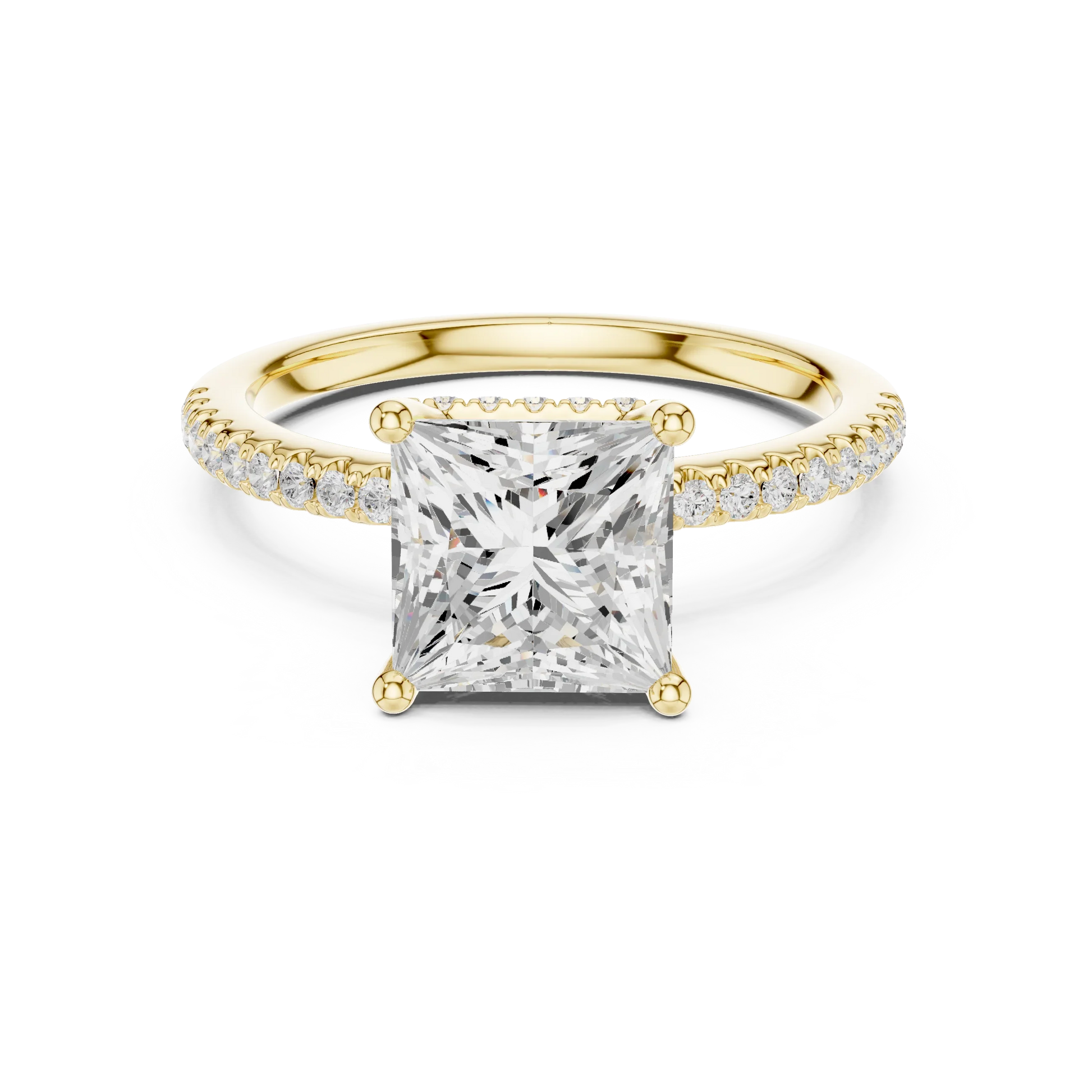 Princess solitaire ring in yellow gold with thin pave band and lab-grown diamond – Australia