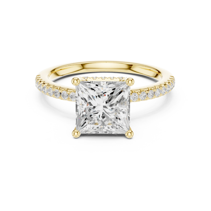 Princess solitaire ring in yellow gold with thin pave band and lab-grown diamond – Australia