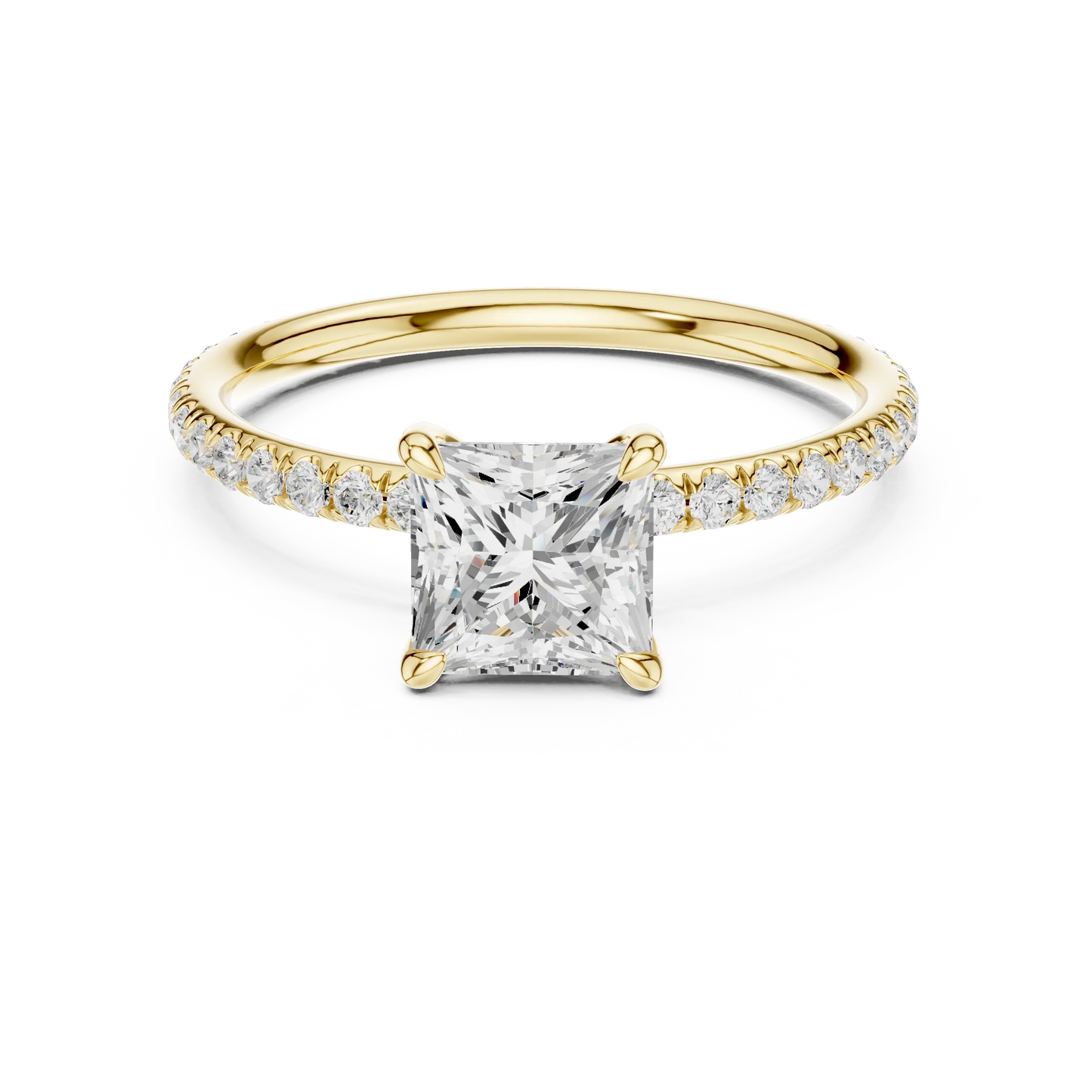 Lab-grown princess cut solitaire ring in yellow gold with thin pavé diamond band