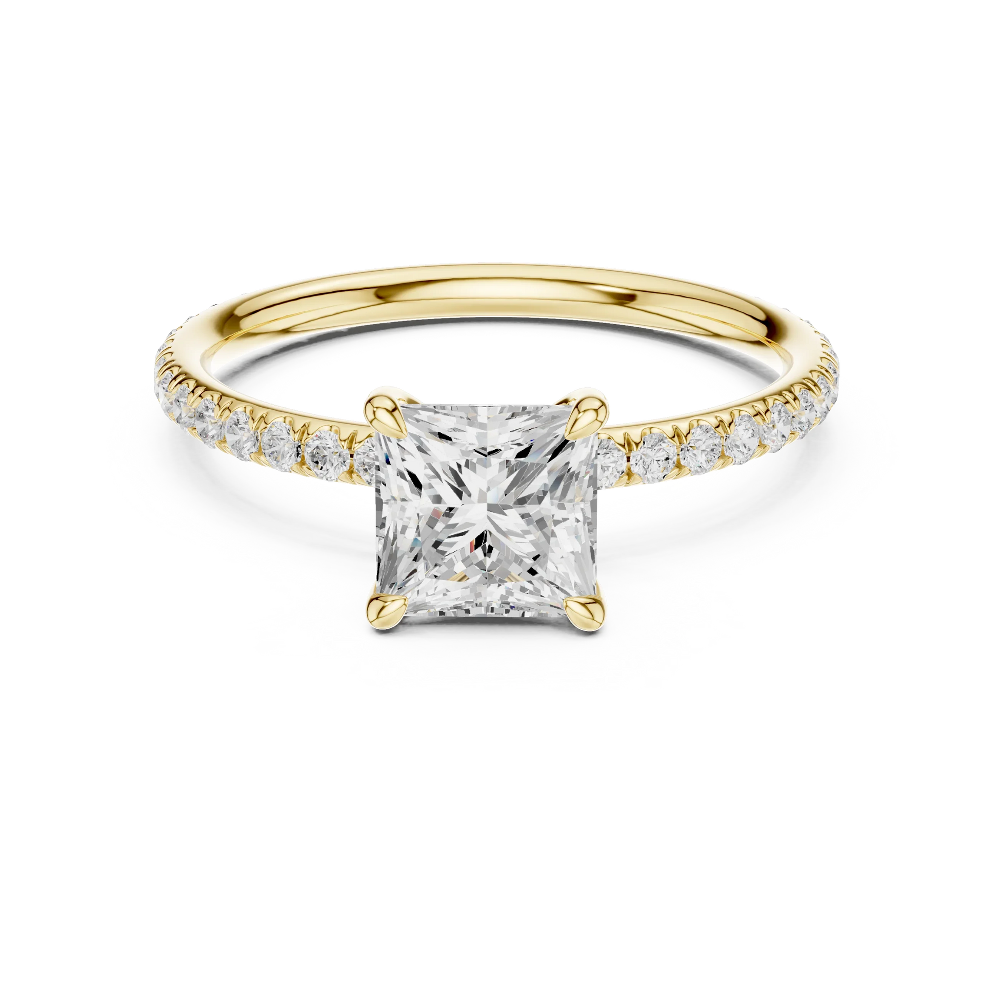 Lab-grown princess cut solitaire ring in yellow gold with thin pavé diamond band