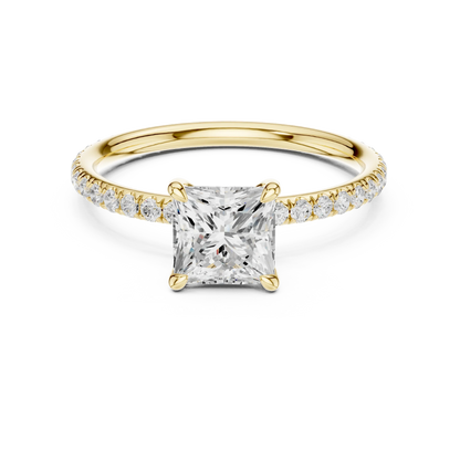 Lab-grown princess cut solitaire ring in yellow gold with thin pavé diamond band