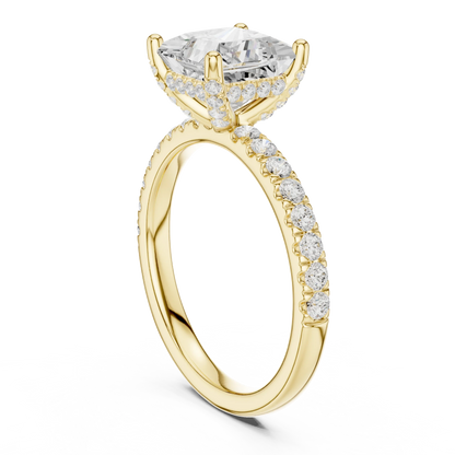 Back side view of yellow gold princess solitaire ring with thin pave band and lab-grown diamond – Australia