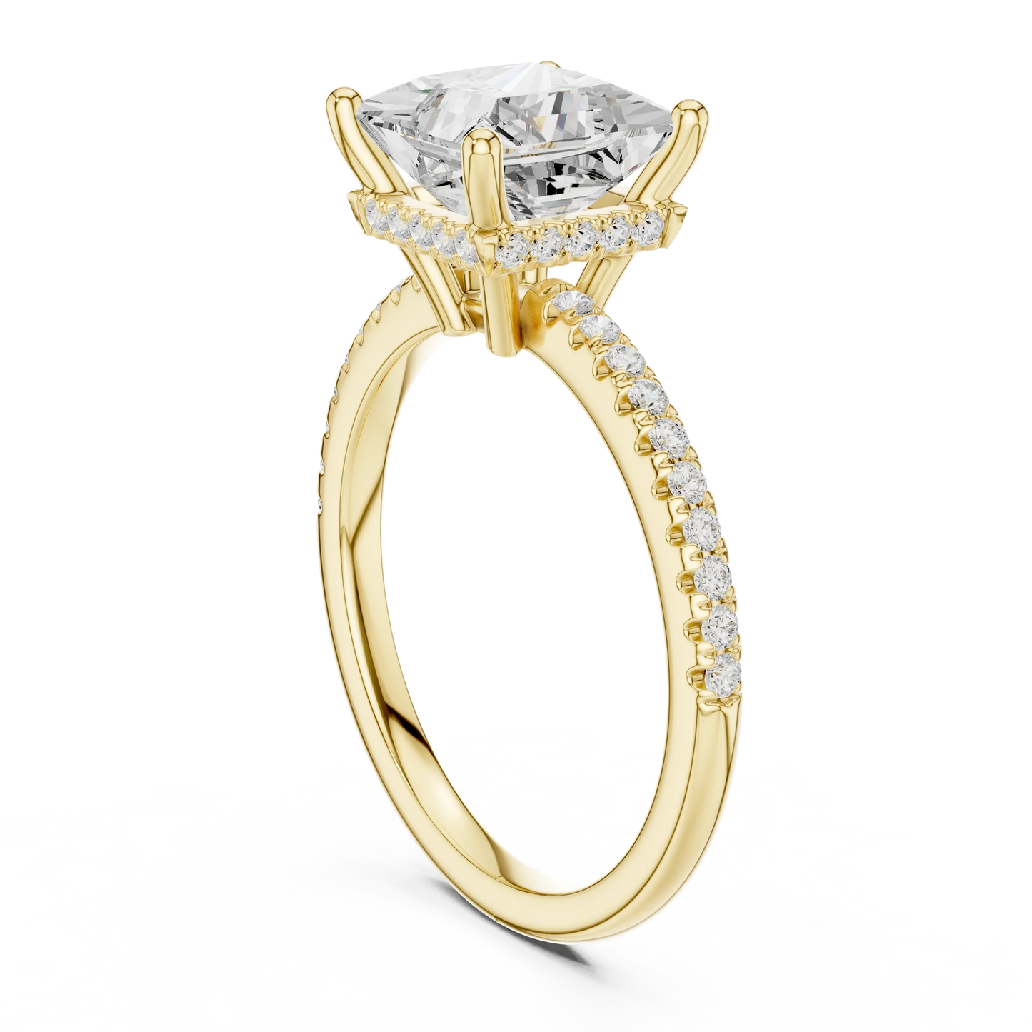 Back side view of yellow gold princess solitaire ring with thin pave band and lab-grown diamond – Australia