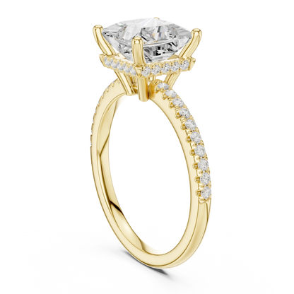 Back side view of yellow gold princess solitaire ring with thin pave band and lab-grown diamond – Australia