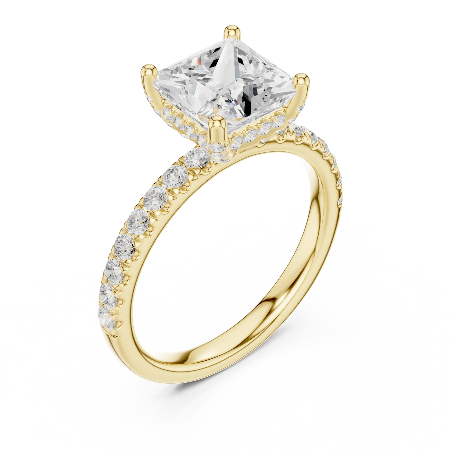 Front view of yellow gold princess solitaire ring with thin pave band and lab-grown diamond – Australia