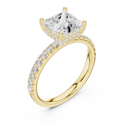Front view of yellow gold princess solitaire ring with thin pave band and lab-grown diamond – Australia