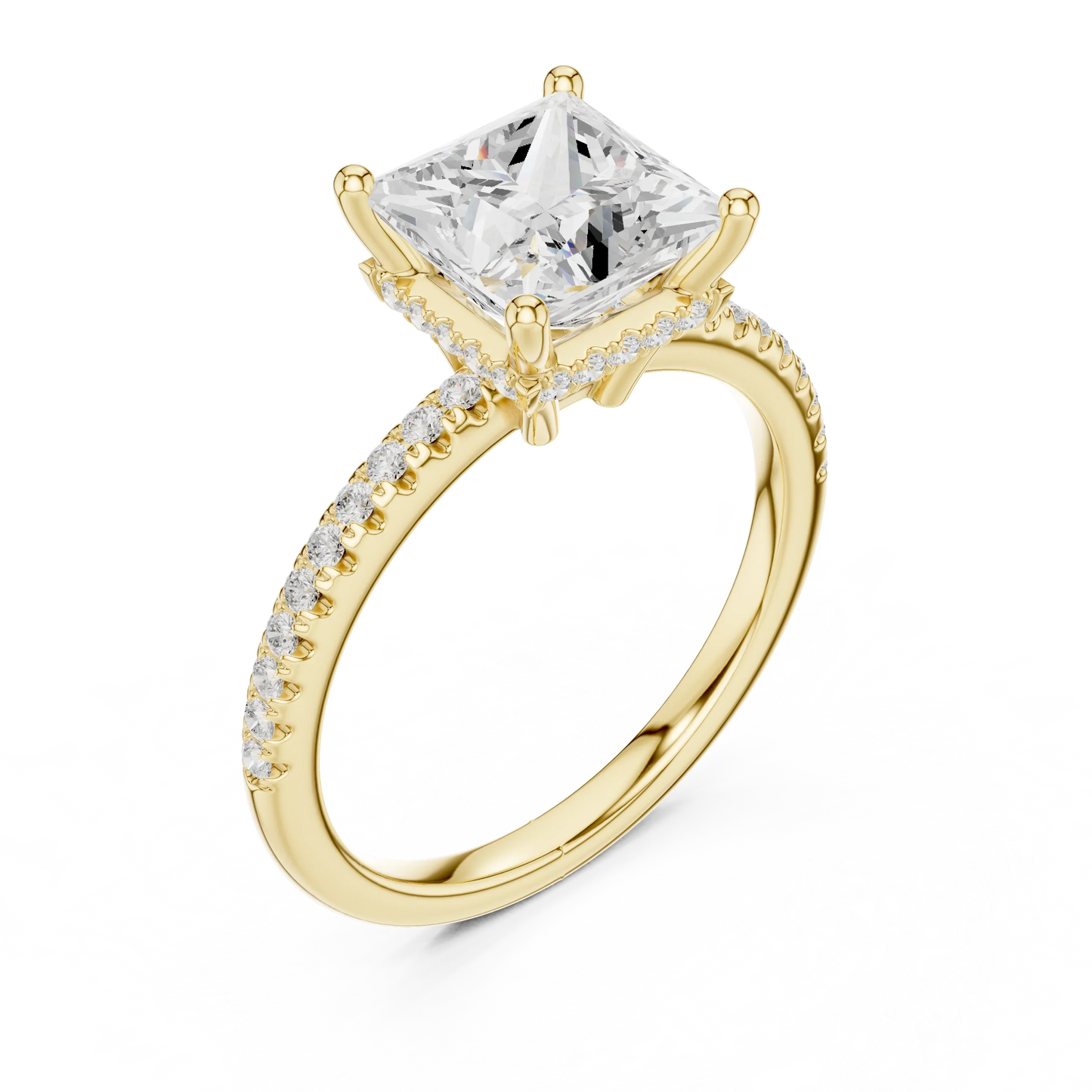 Front view of yellow gold princess solitaire ring with thin pave band and lab-grown diamond – Australia