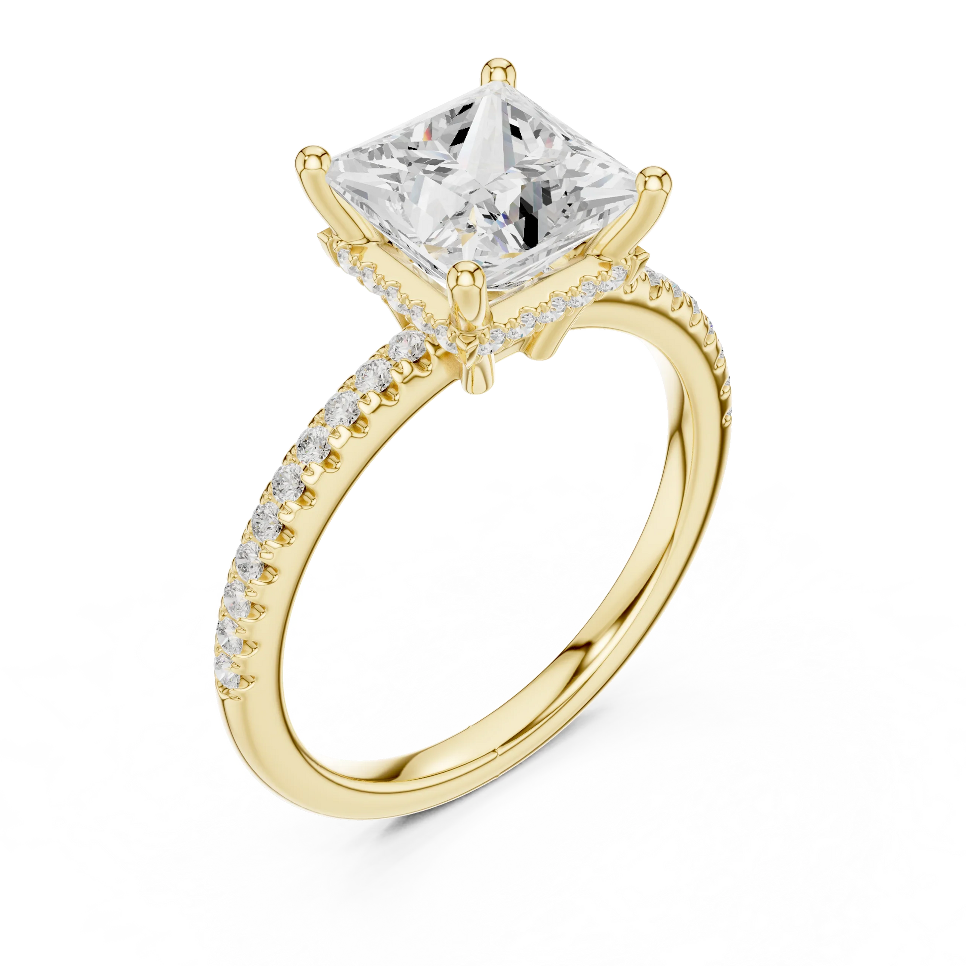 Front view of yellow gold princess solitaire ring with thin pave band and lab-grown diamond – Australia