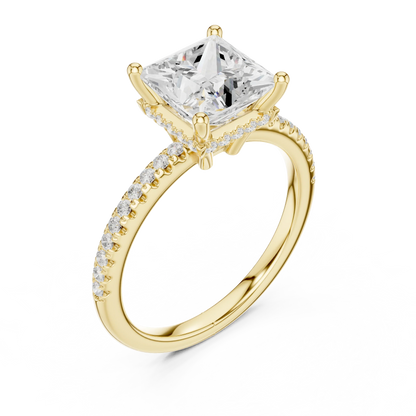 Front view of yellow gold princess solitaire ring with thin pave band and lab-grown diamond – Australia