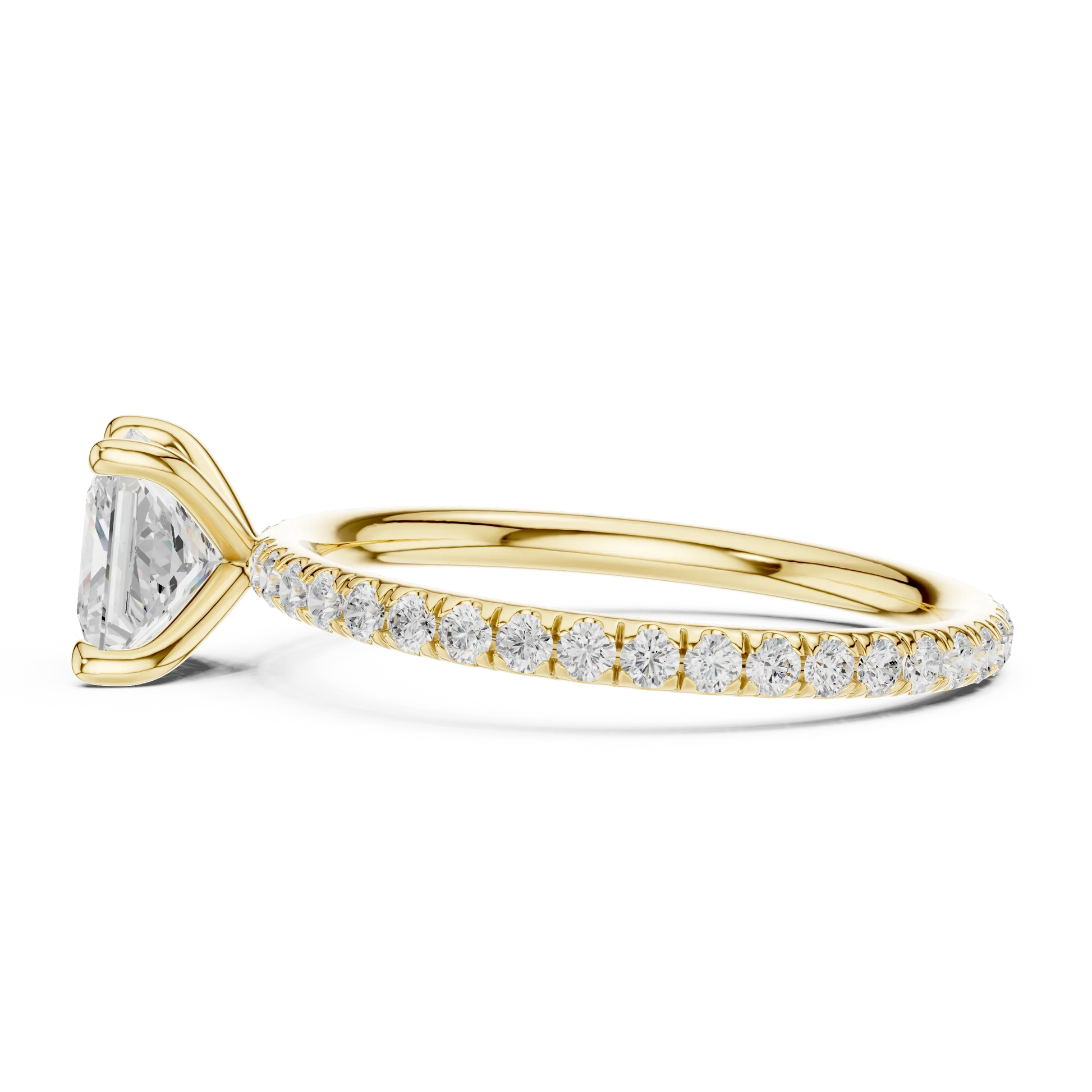 Side view of yellow gold princess cut solitaire ring with thin pavé diamond band and prong setting