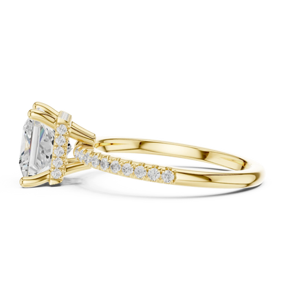 Side view of yellow gold princess solitaire ring with thin pave band and lab-grown diamond – Australia