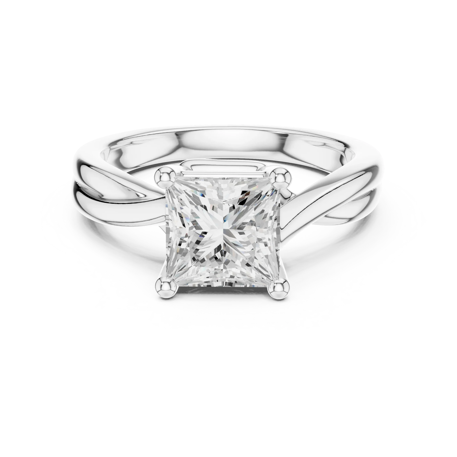 Lab-grown princess cut solitaire ring in white gold with twisted band design