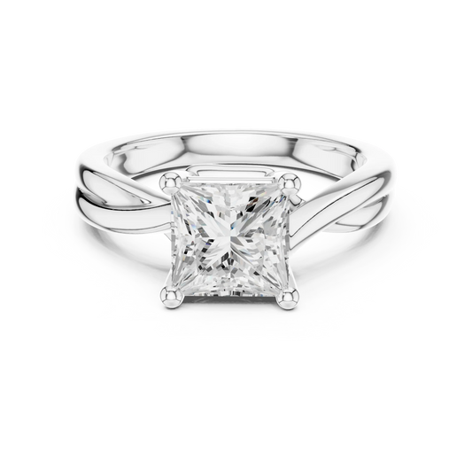 Lab-grown princess cut solitaire ring in white gold with twisted band design