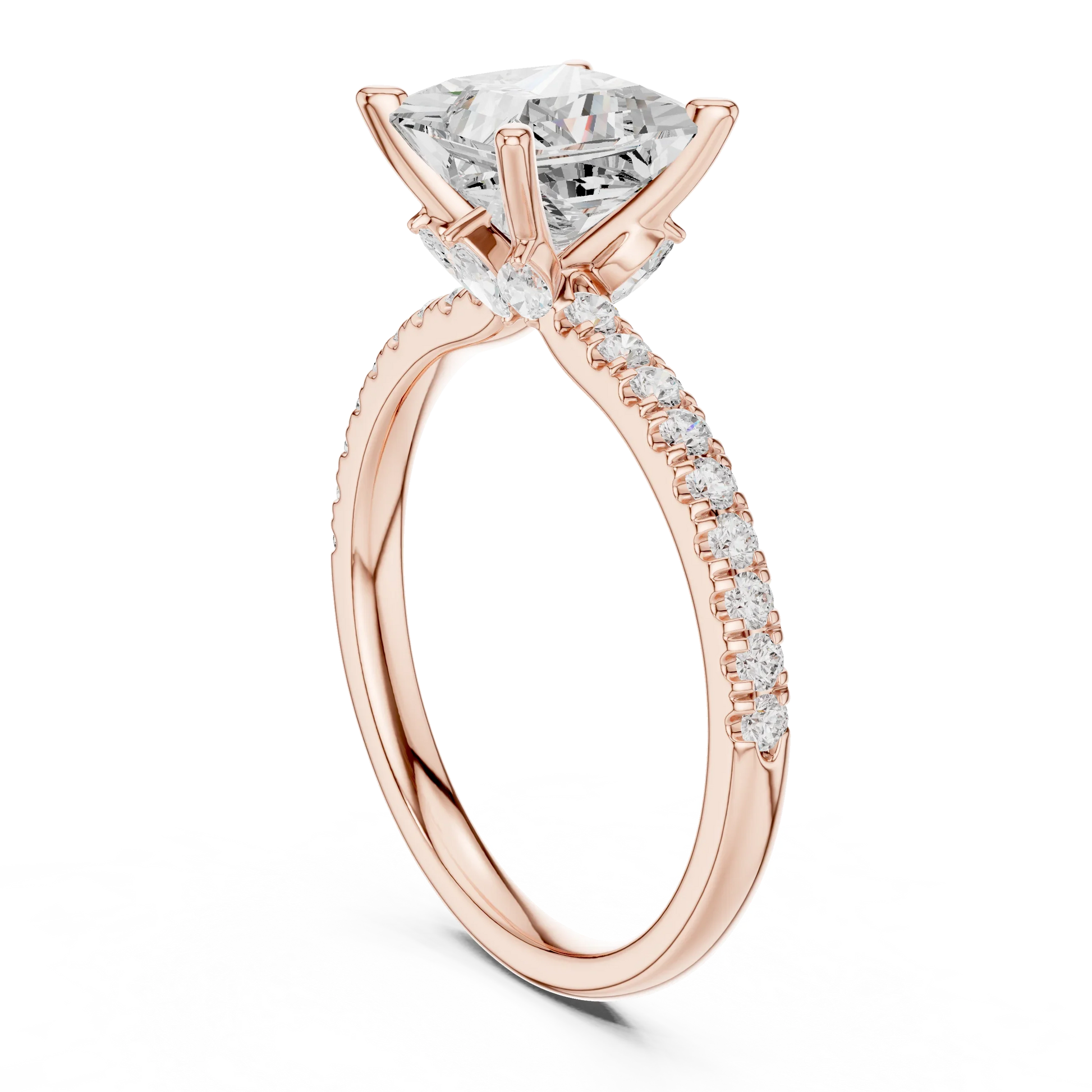 Back side view of rose gold princess solitaire ring with pave diamond band and lab-grown diamond – Australia