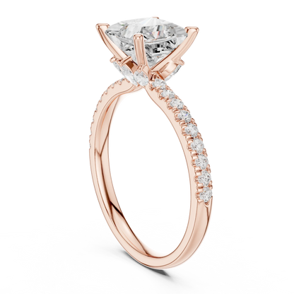 Back side view of rose gold princess solitaire ring with pave diamond band and lab-grown diamond – Australia