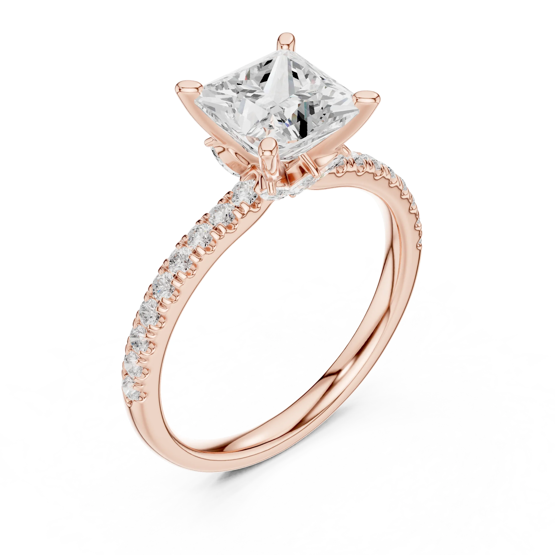 Front view of rose gold princess solitaire ring with pave diamond band and lab-grown diamond – Australia