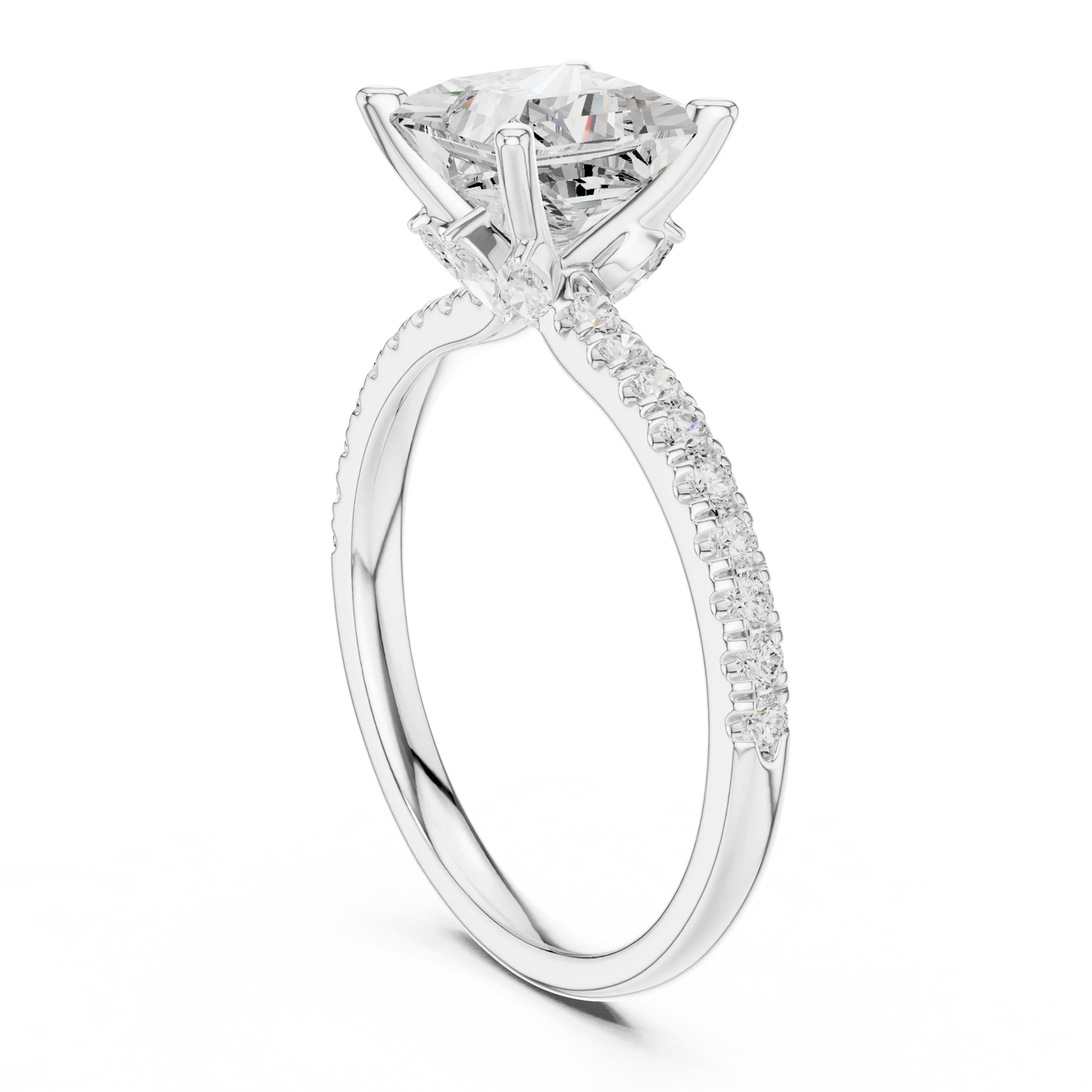 Back side view of white gold princess solitaire ring with pave diamond band and lab-grown diamond – Australia