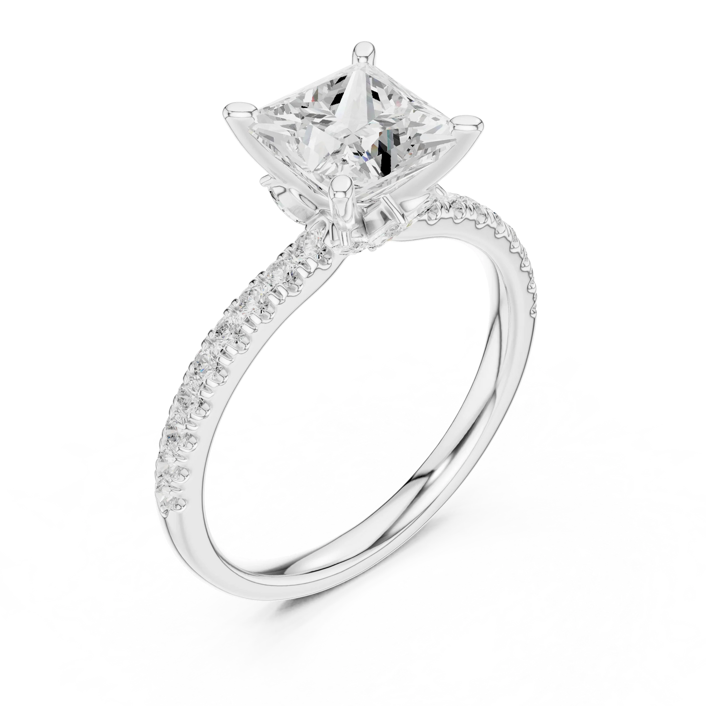 Front view of white gold princess solitaire ring with pave diamond band and lab-grown diamond – Australia