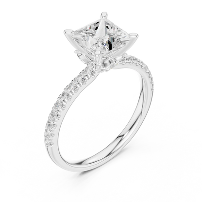 Front view of white gold princess solitaire ring with pave diamond band and lab-grown diamond – Australia