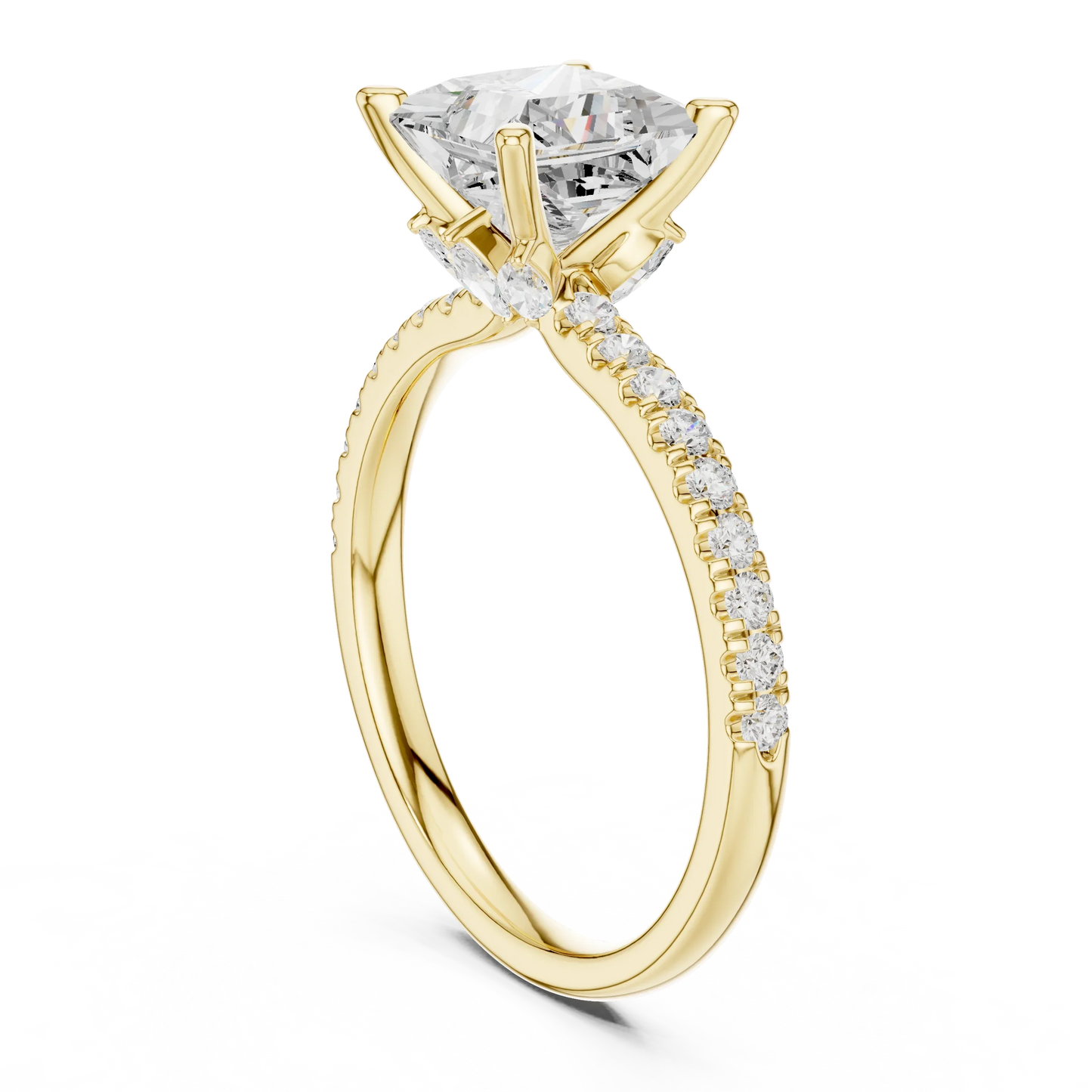 Back side view of yellow gold princess solitaire ring with pave diamond band and lab-grown diamond – Australia