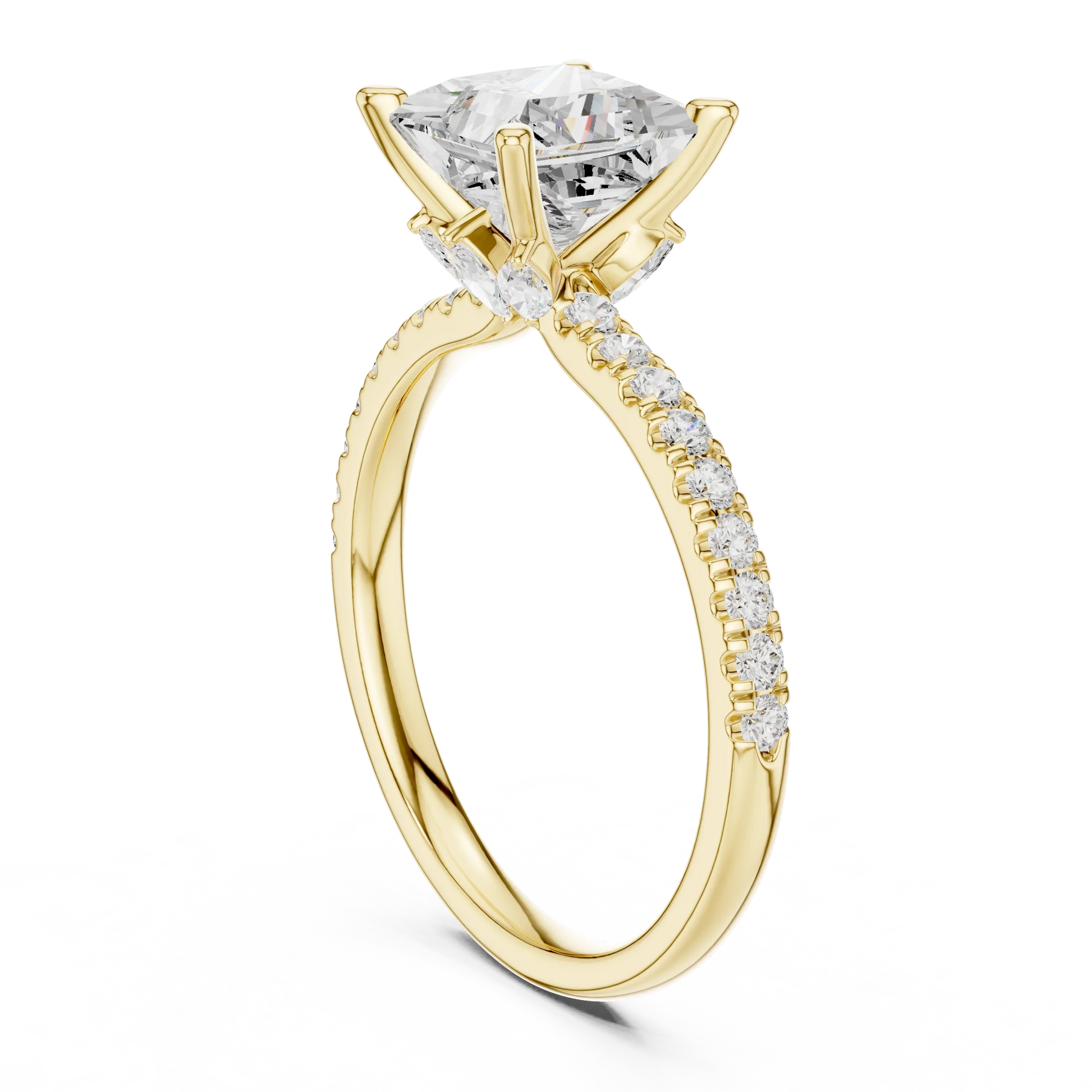 Back side view of yellow gold princess solitaire ring with pave diamond band and lab-grown diamond – Australia