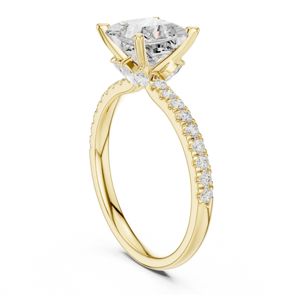 Back side view of yellow gold princess solitaire ring with pave diamond band and lab-grown diamond – Australia