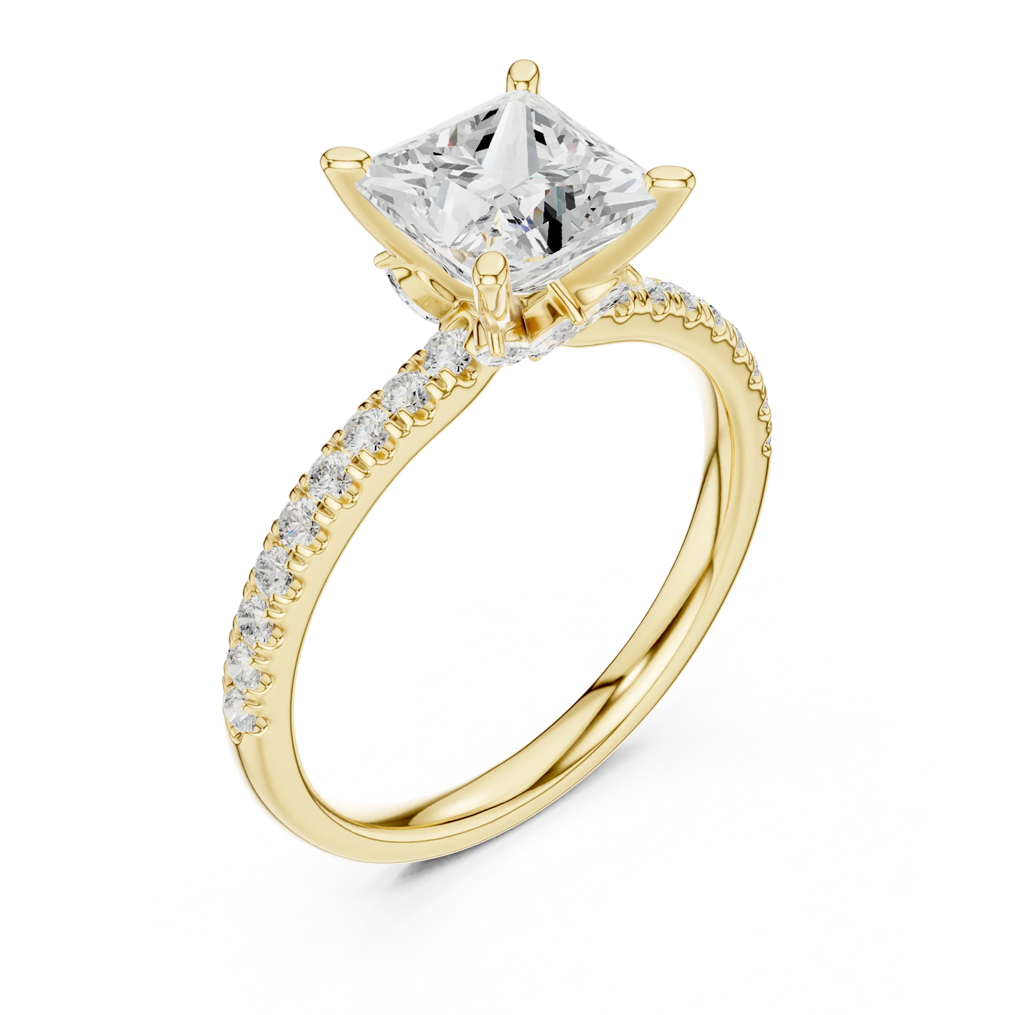 Front view of yellow gold princess solitaire ring with pave diamond band and lab-grown diamond – Australia
