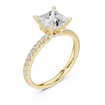 Front view of yellow gold princess solitaire ring with pave diamond band and lab-grown diamond – Australia