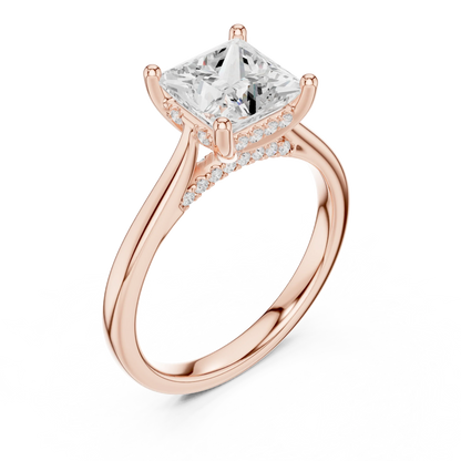 Front view of rose gold princess solitaire ring with plain domed band and lab-grown diamond – Australia