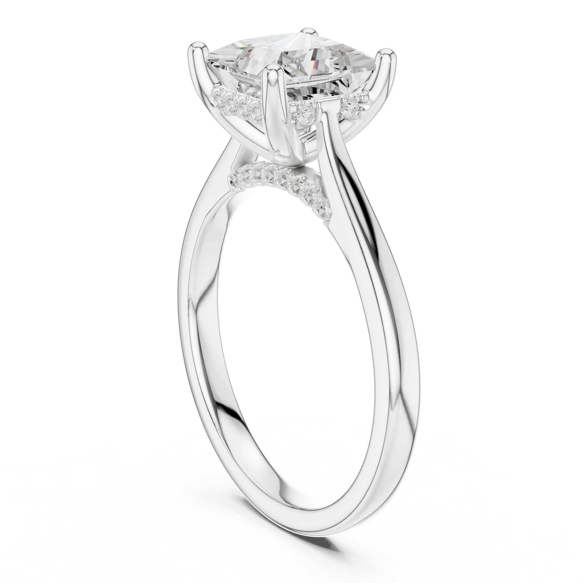 Back view of white gold princess solitaire ring with plain domed band and lab-grown diamond – Australia