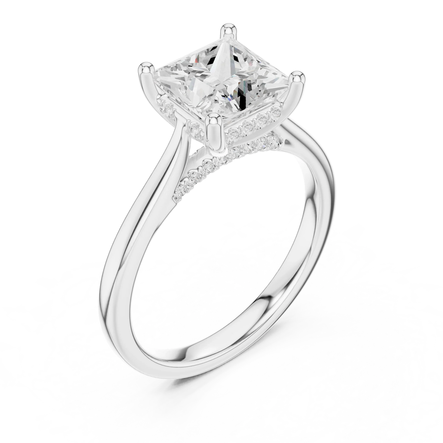 Front view of white gold princess solitaire ring with plain domed band and lab-grown diamond – Australia