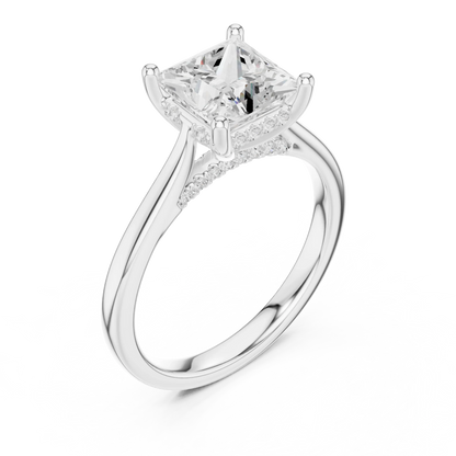 Front view of white gold princess solitaire ring with plain domed band and lab-grown diamond – Australia
