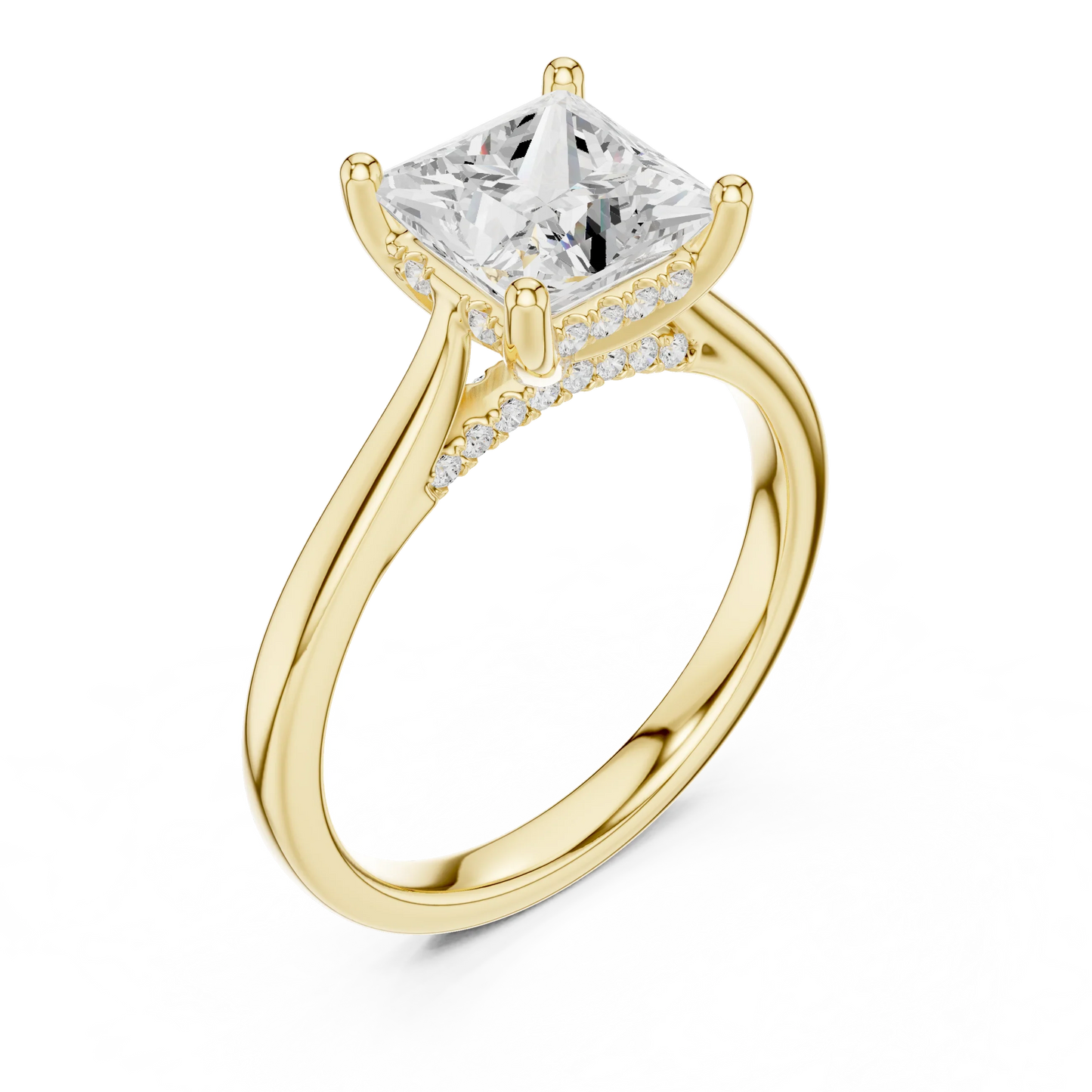 Front view of yellow gold princess solitaire ring with plain domed band and lab-grown diamond – Australia