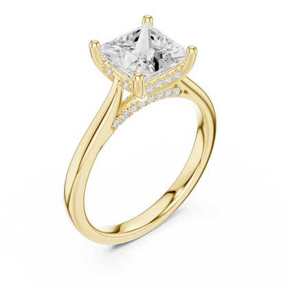 Front view of yellow gold princess solitaire ring with plain domed band and lab-grown diamond – Australia