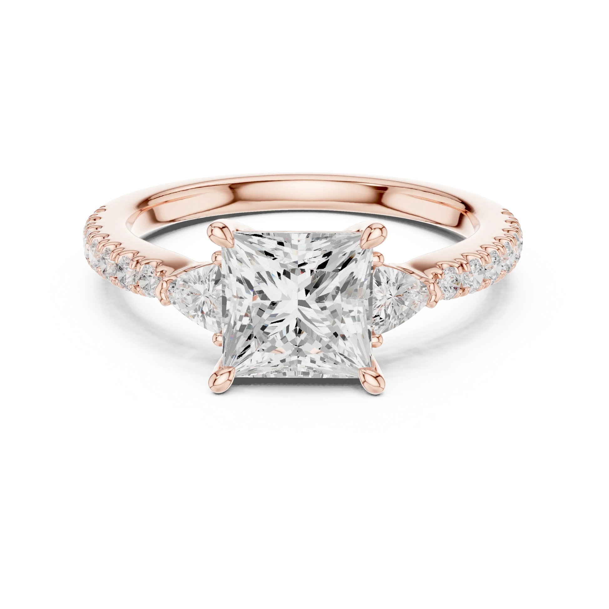 Lab-grown princess cut three stone diamond ring with half moon side stones and pave band in rose gold, top view.