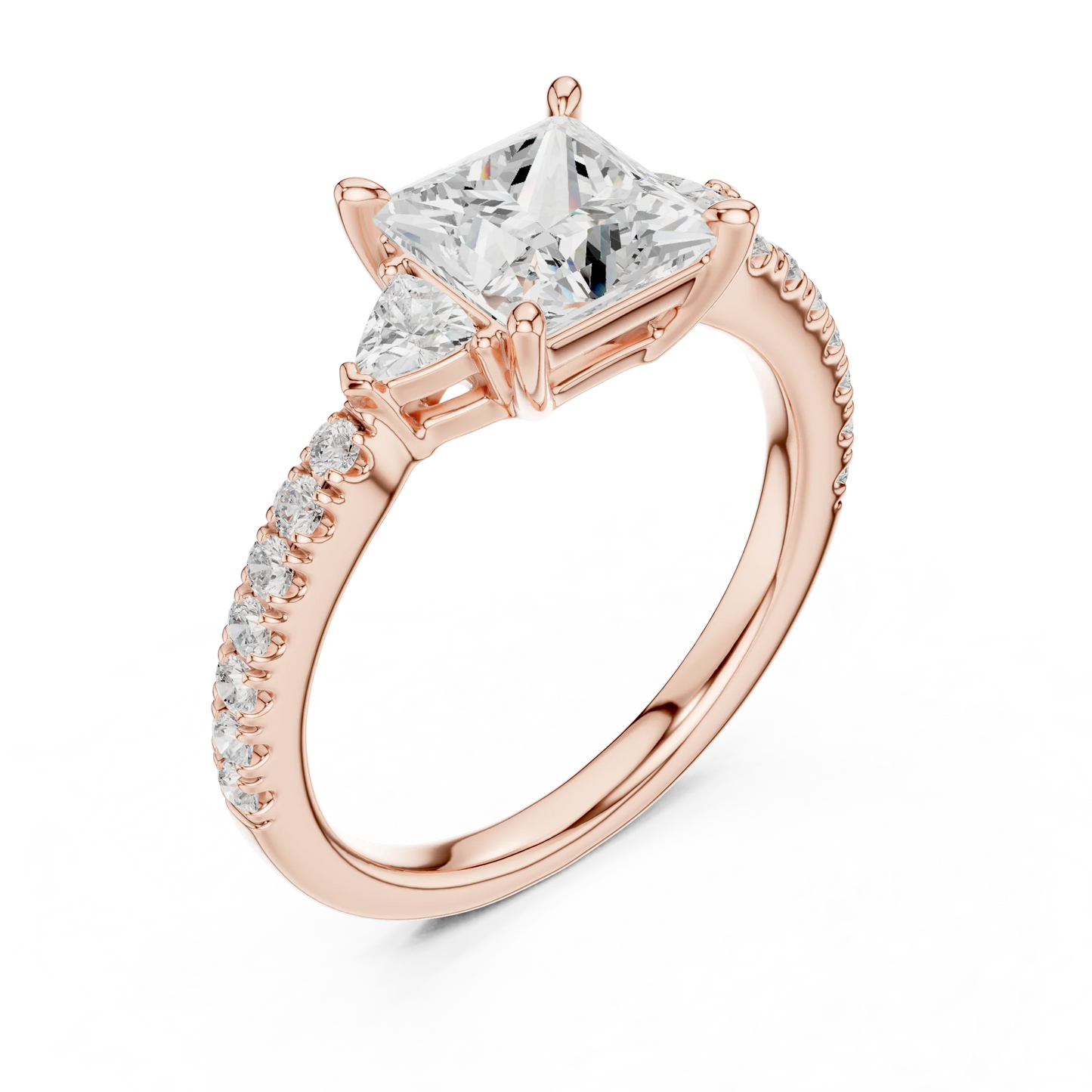Front view of rose gold princess three stone diamond ring with half moon side stones and pave band, showcasing gemstone brilliance.