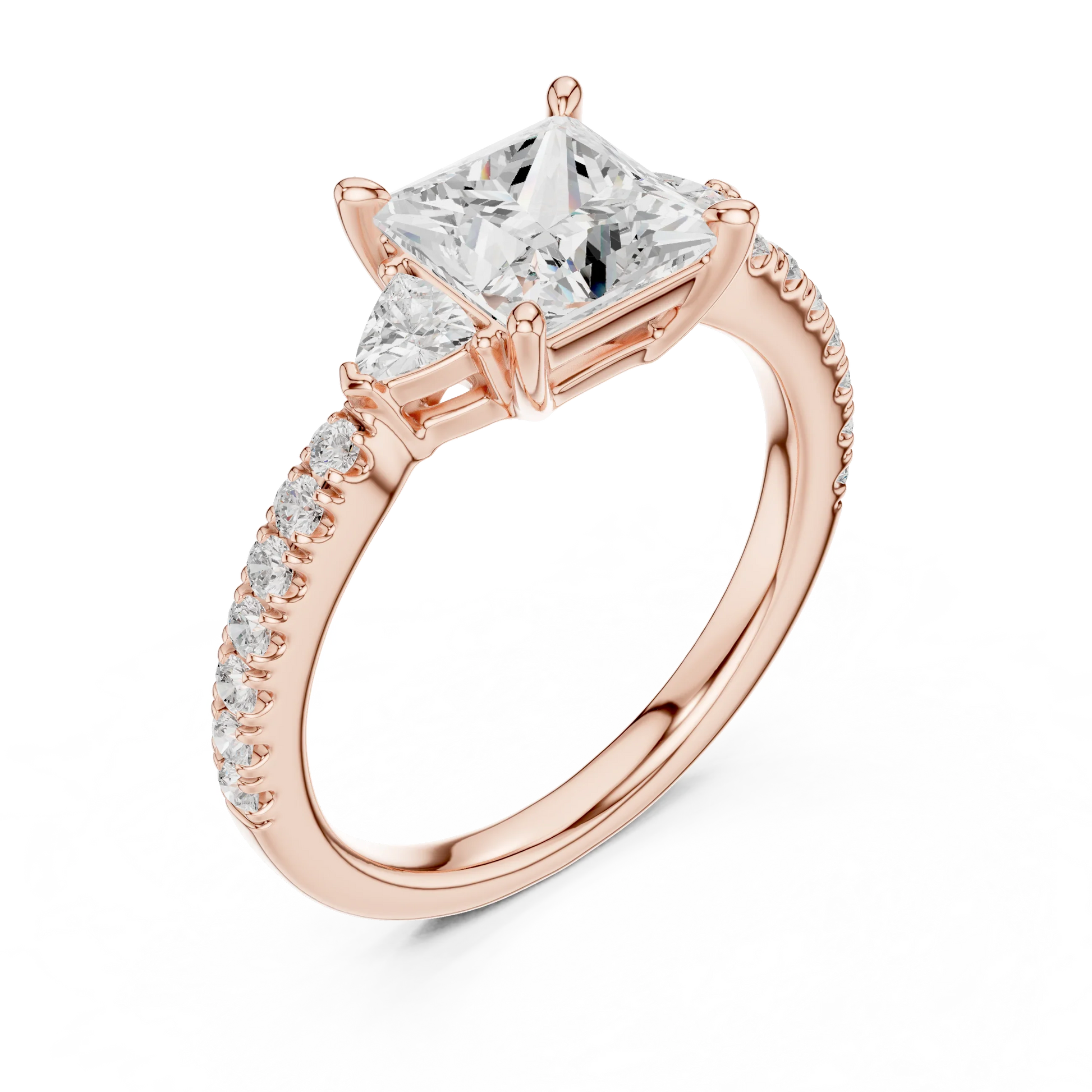 Front view of rose gold princess three stone diamond ring with half moon side stones and pave band, showcasing gemstone brilliance.