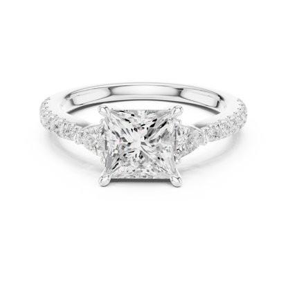 Lab-grown princess cut three stone diamond ring with half moon side stones and pave band in white gold, top view.