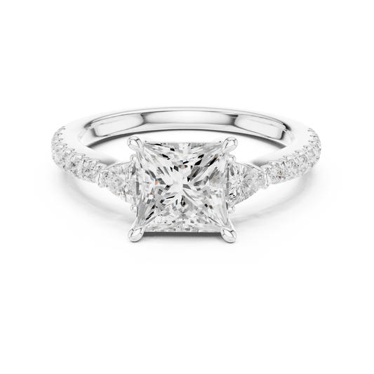 Lab-grown princess cut three stone diamond ring with half moon side stones and pave band in white gold, top view.