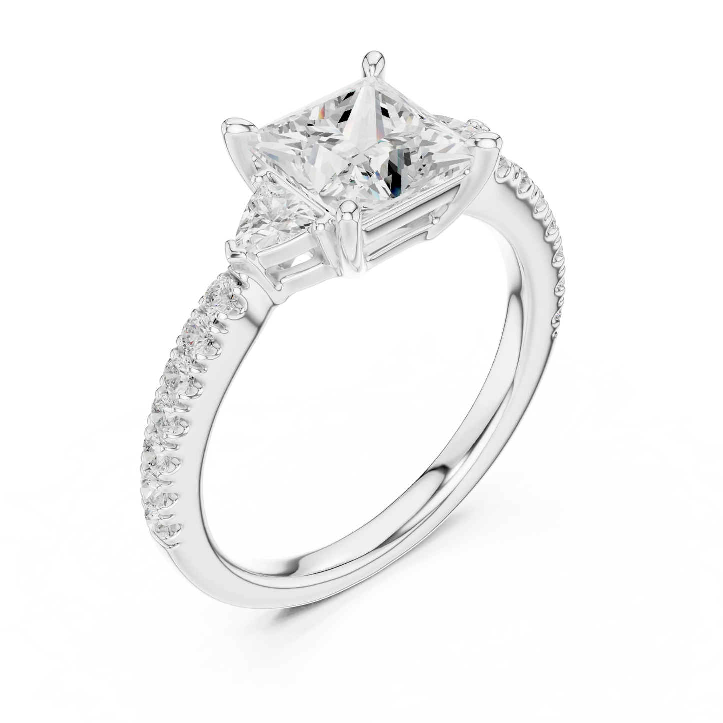 Front view of white gold princess three stone diamond ring with half moon side stones and pave band, showcasing center stone.