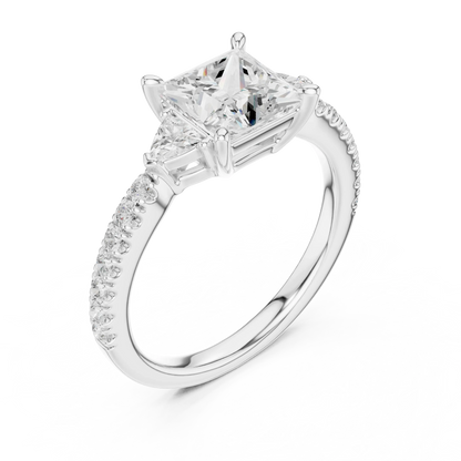 Front view of white gold princess three stone diamond ring with half moon side stones and pave band, showcasing center stone.