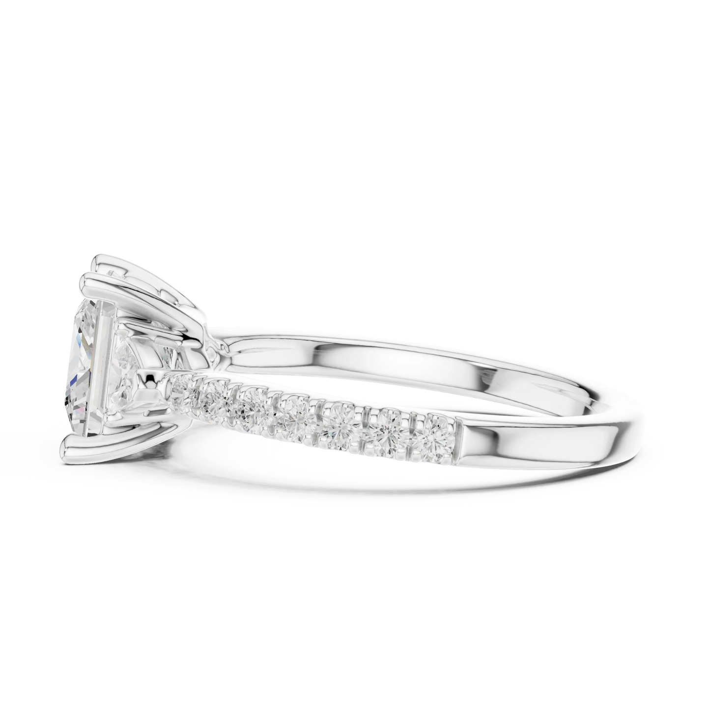Side view of white gold princess three stone diamond ring with half moon side stones and pave band, highlighting setting profile.