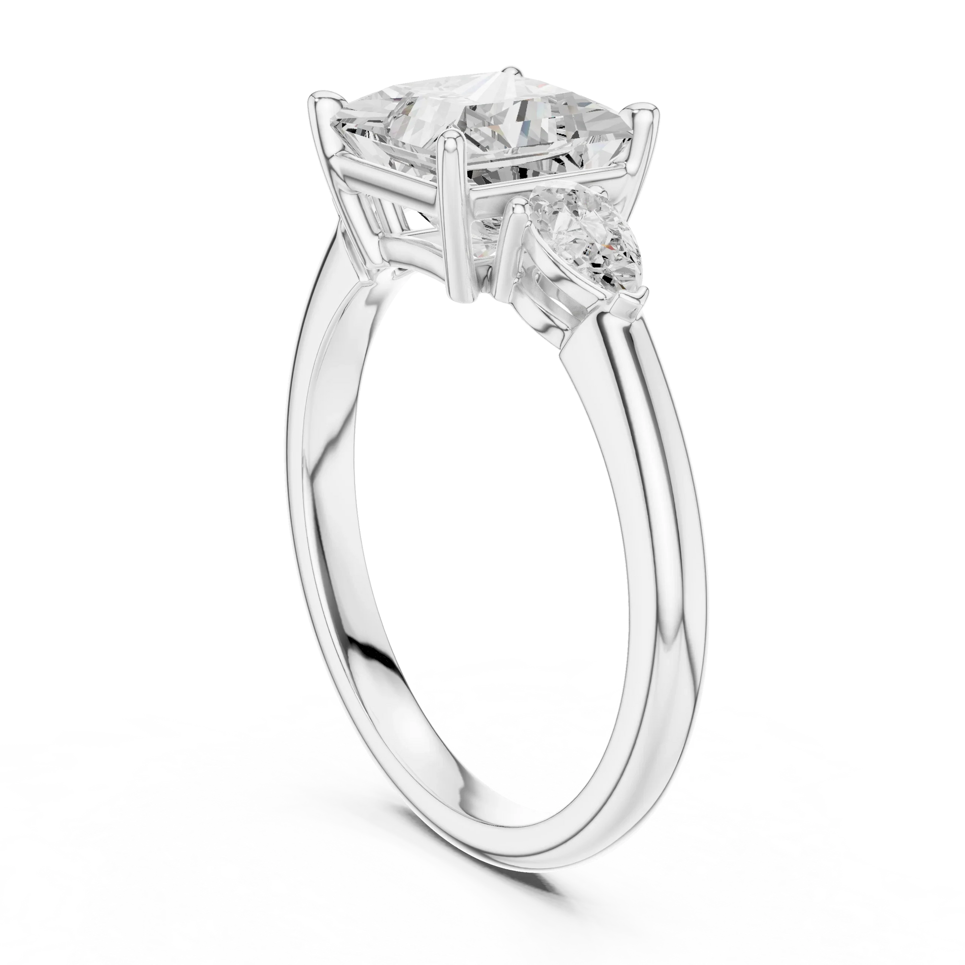 Back side view of white gold princess three-stone ring with pear side stones and lab-grown diamond 鈥?Australia